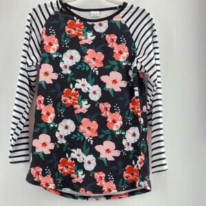 Floral Raglan Baseball Tee Striped Long Sleeve Black Pink Women’s Size L So Soft